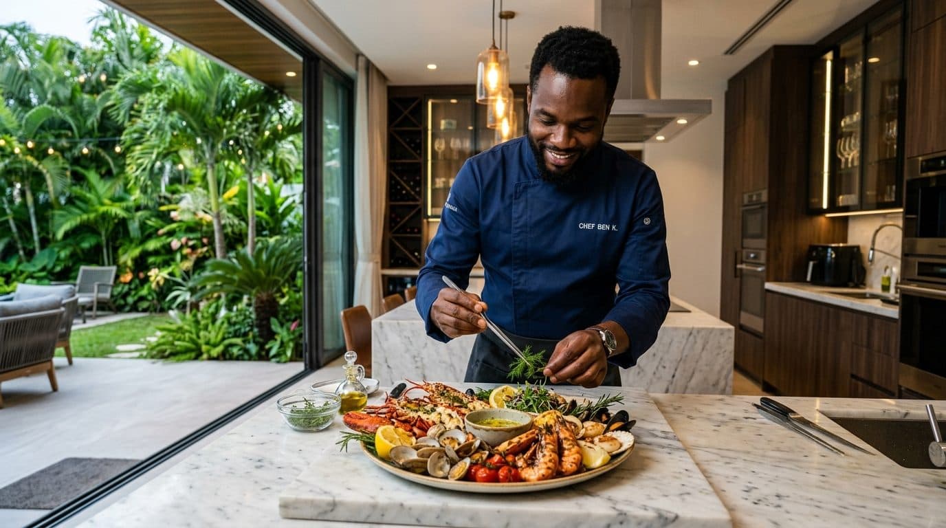Authentic male African private chef preparing a fresh seafood platter on a marble kitchen island