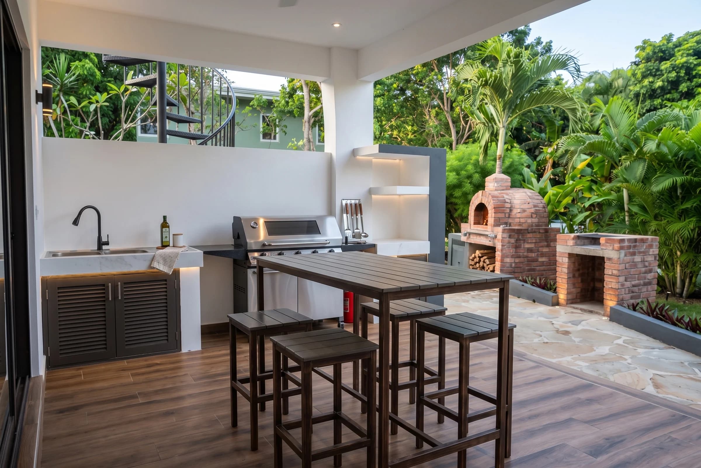 Alfresco outdoor dining setting and shaded seating on the courtyard patio at The Coastal Estate