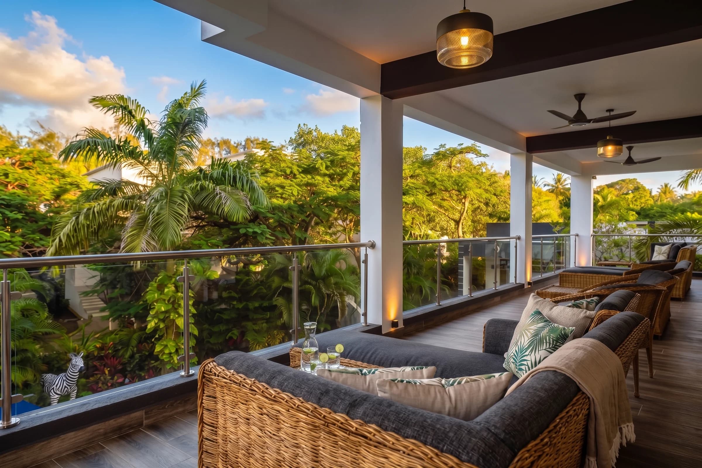 First floor covered terrace balcony with luxury wicker daybeds and panoramic canopy garden views