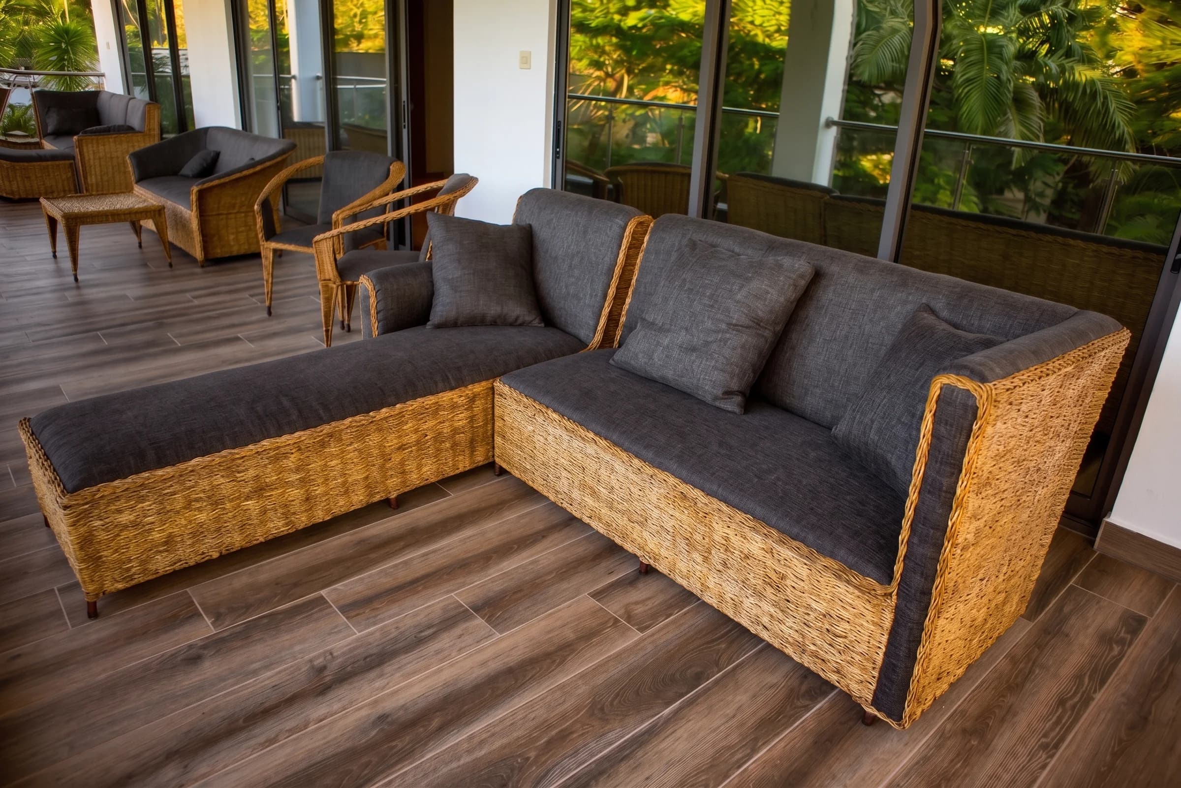 Spacious upper veranda balcony featuring woven wicker sectional sofas and estate garden views