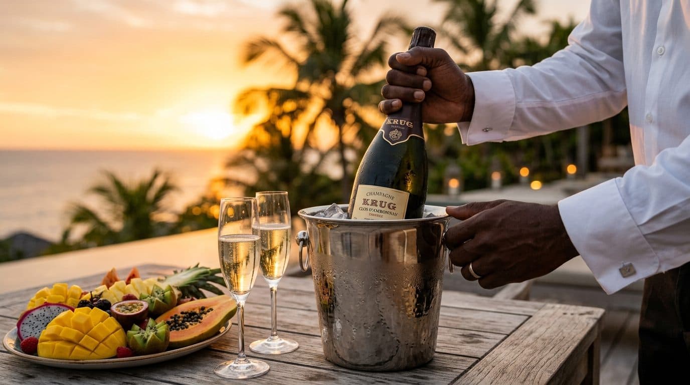 African private butler setting up vintage champagne and tropical fruit on sunset villa terrace