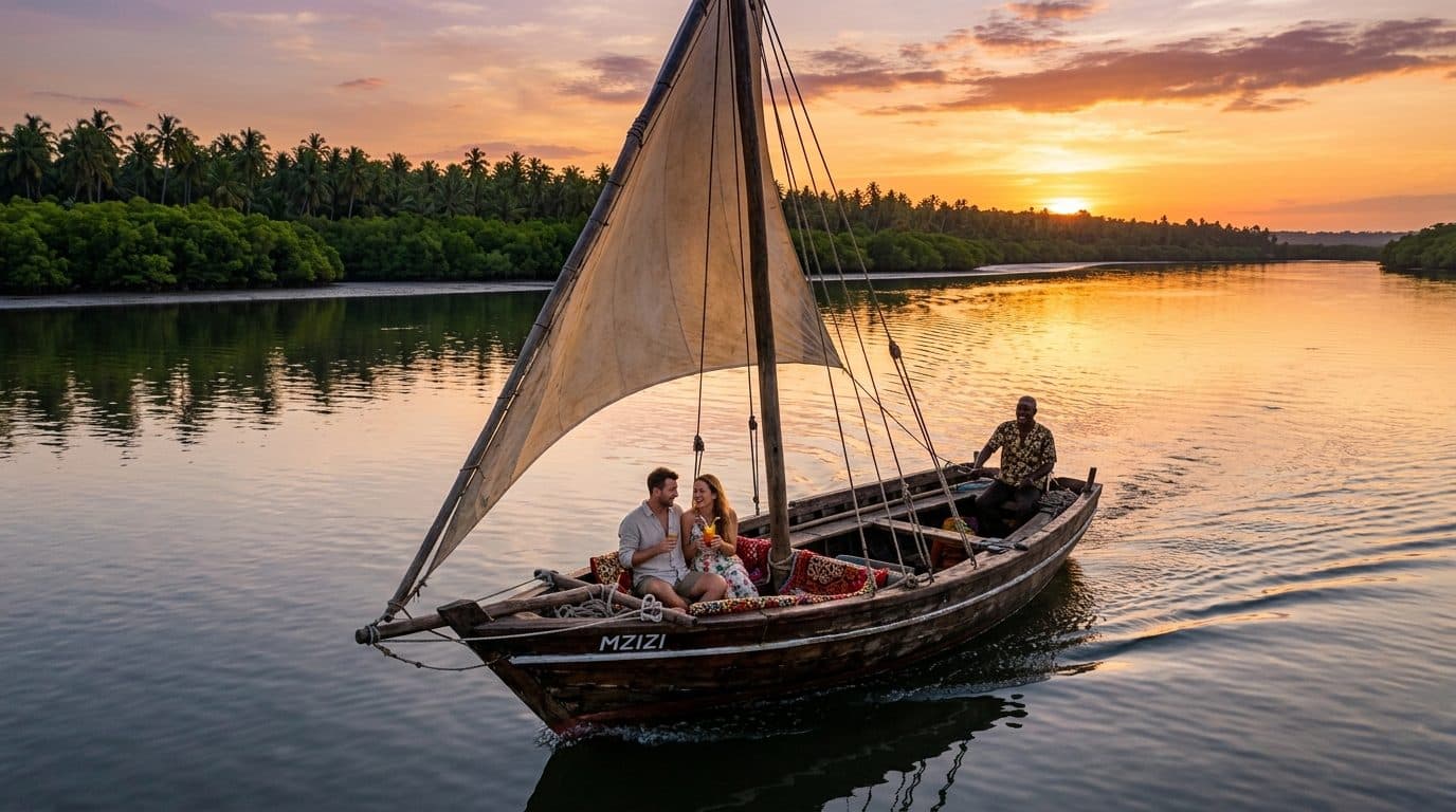 Aerial drone view of European couple on a sunset dhow cruise along the Congo River with an African captain