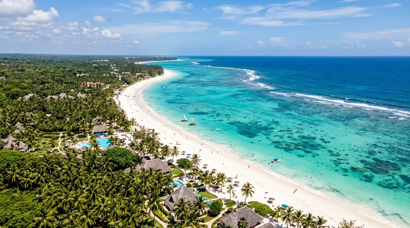 Iconic Diani Beach Coastline, Turquoise Lagoon and Offshore Coral Reef Barrier