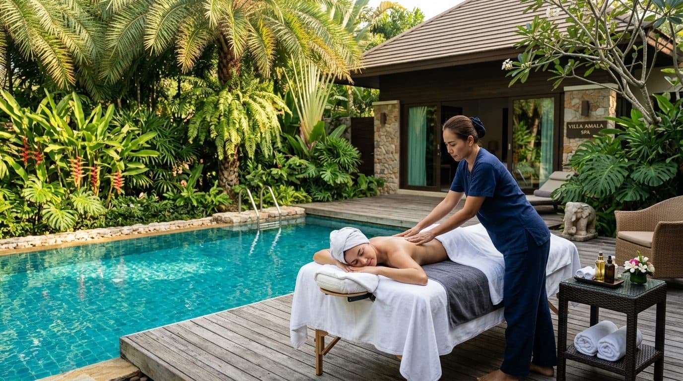 Private relaxing in-villa poolside massage therapy session under coastal palms in Diani